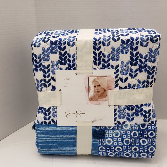 Jessica Simpson King Comforter AZRA QUILT Blue Leaf Flower Square Tassel Bedding - Picture 1 of 8